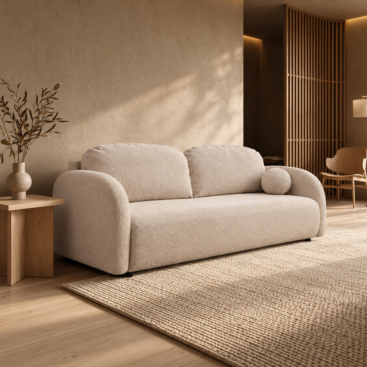 SYNA Canapé 3 places convertible en tissu bouclette beige - Canapés convertibles - Mobilier Deco