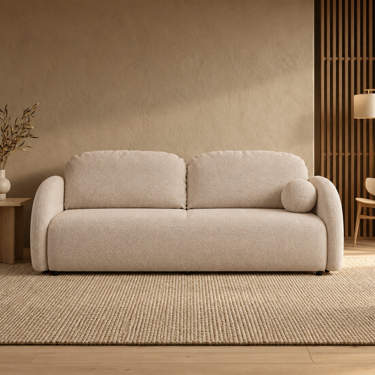 SYNA Canapé 3 places convertible en tissu bouclette beige - Canapés convertibles - Mobilier Deco