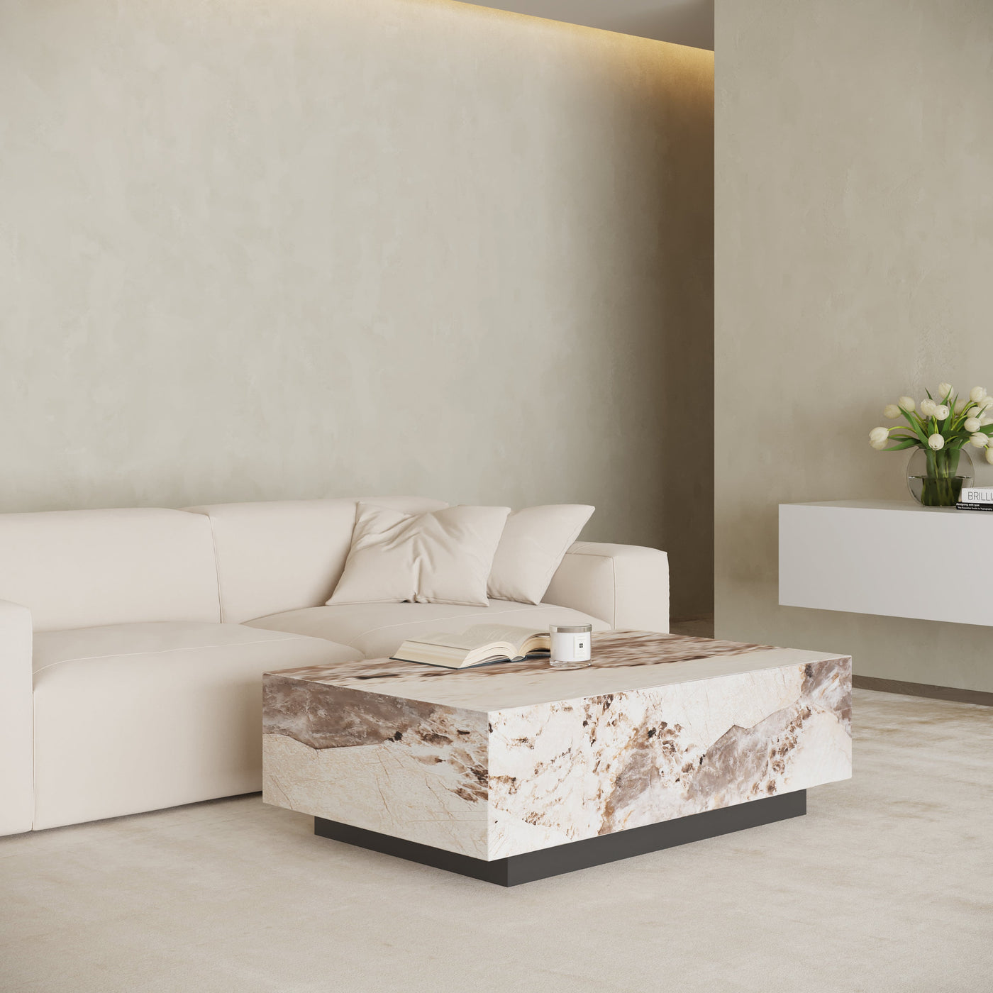TANIA Table basse rectangulaire marbre d'ingénierie beige et marron - Table basse - Mobilier Deco