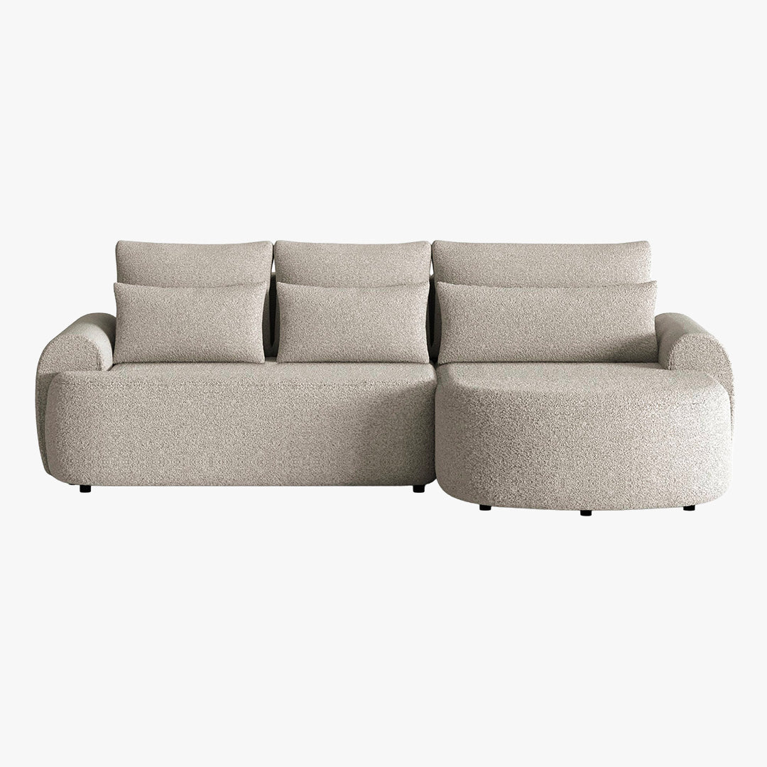 TAYLA Canapé d'angle convertible avec coffre en tissu bouclette beige - Angle droit - Canapé d'angle convertible
