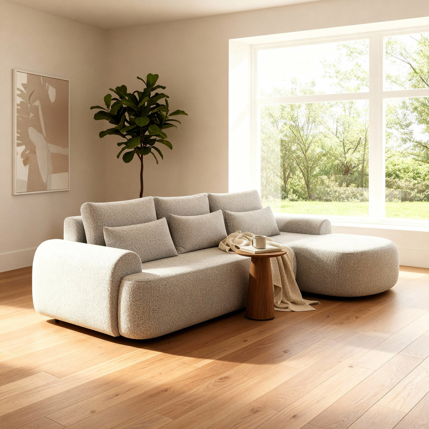 TAYLA Canapé d'angle convertible avec coffre en tissu bouclette beige - Angle droit - Canapé d'angle convertible