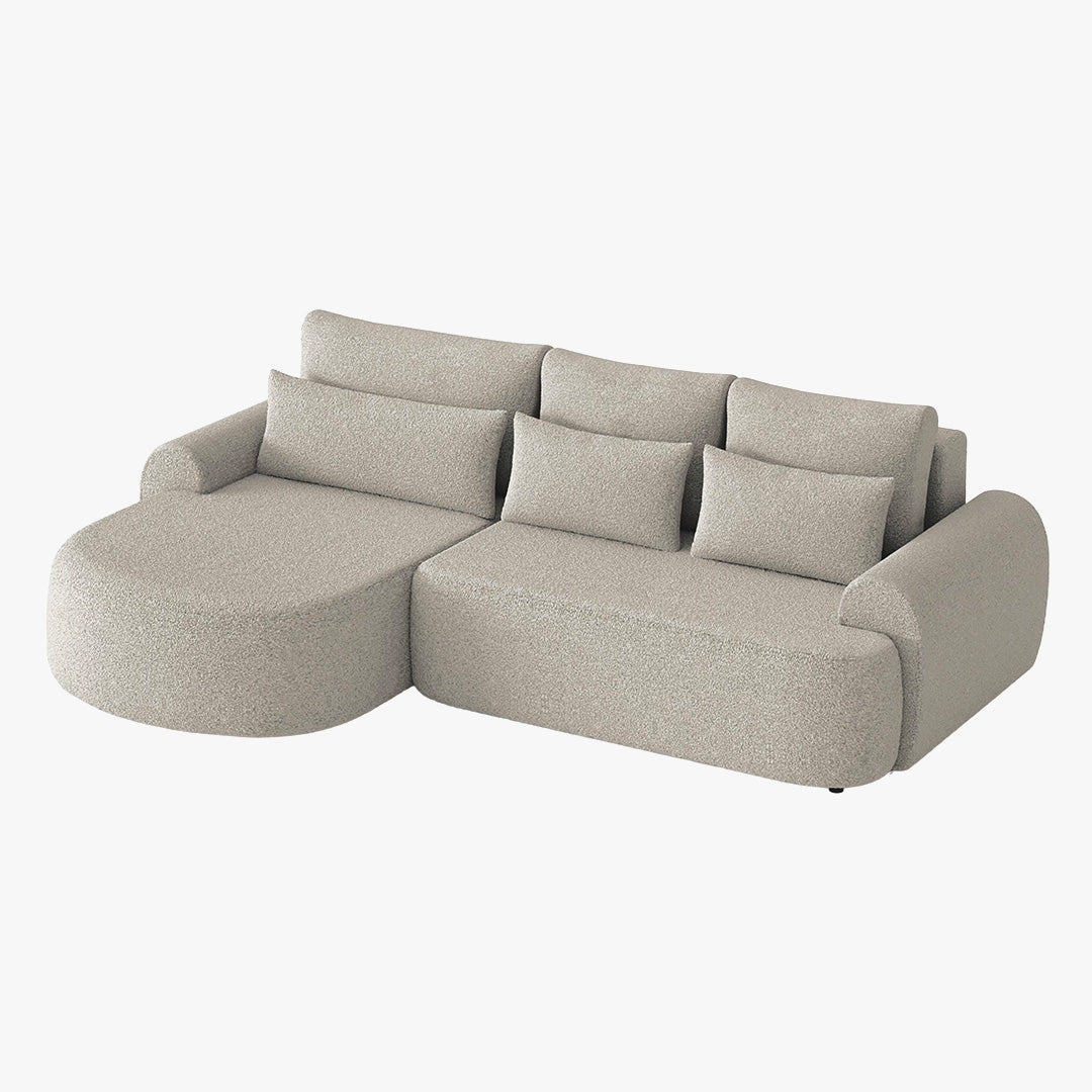 TAYLA Canapé d'angle convertible avec coffre en tissu bouclette beige - Angle gauche - Canapé d'angle convertible