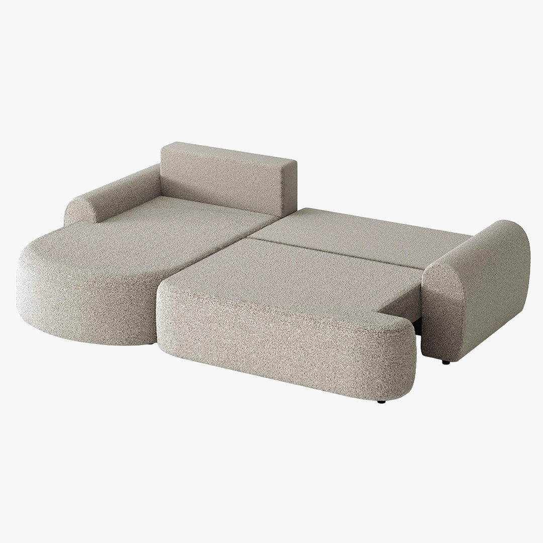TAYLA Canapé d'angle convertible avec coffre en tissu bouclette beige - Angle gauche - Canapé d'angle convertible