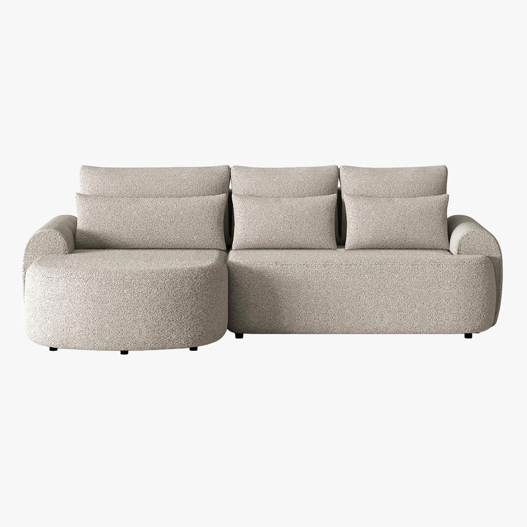 TAYLA Canapé d'angle convertible avec coffre en tissu bouclette beige - Angle gauche - Canapé d'angle convertible