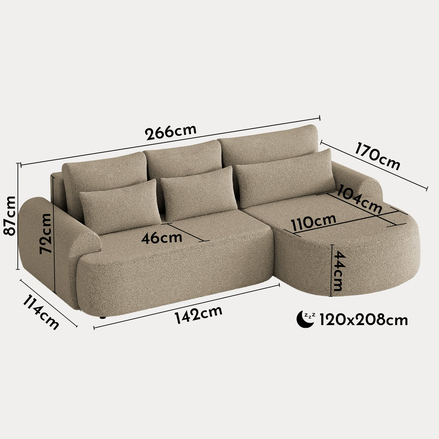 TAYLA Canapé d'angle convertible avec coffre en tissu bouclette taupe - Angle droit - Canapé d'angle convertible