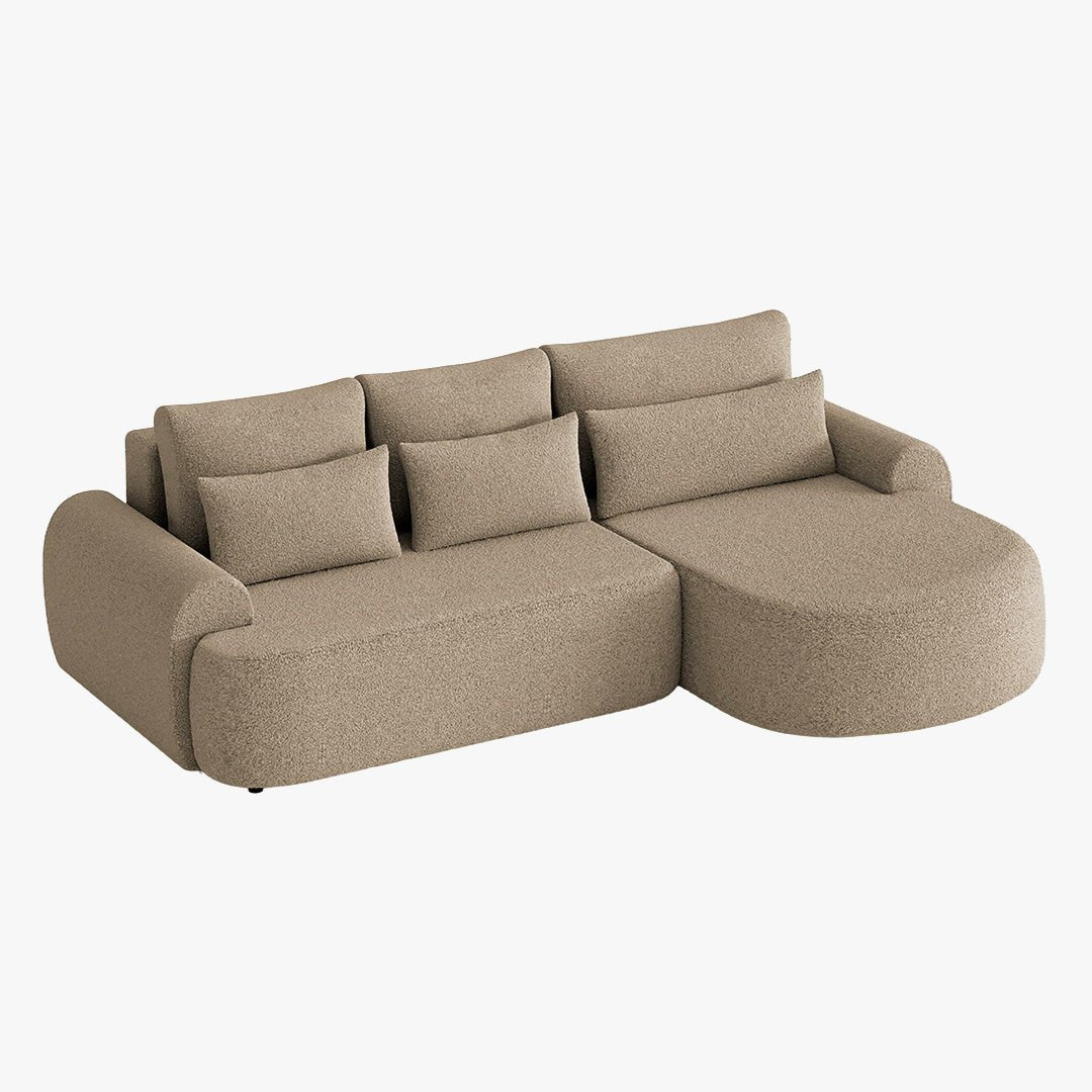 TAYLA Canapé d'angle convertible avec coffre en tissu bouclette taupe - Angle droit - Canapé d'angle convertible