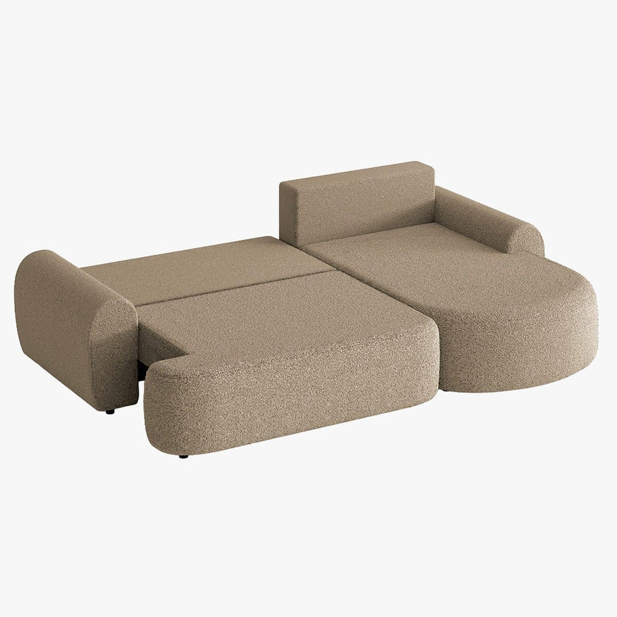 TAYLA Canapé d'angle convertible avec coffre en tissu bouclette taupe - Angle droit — aperçu vidéo
