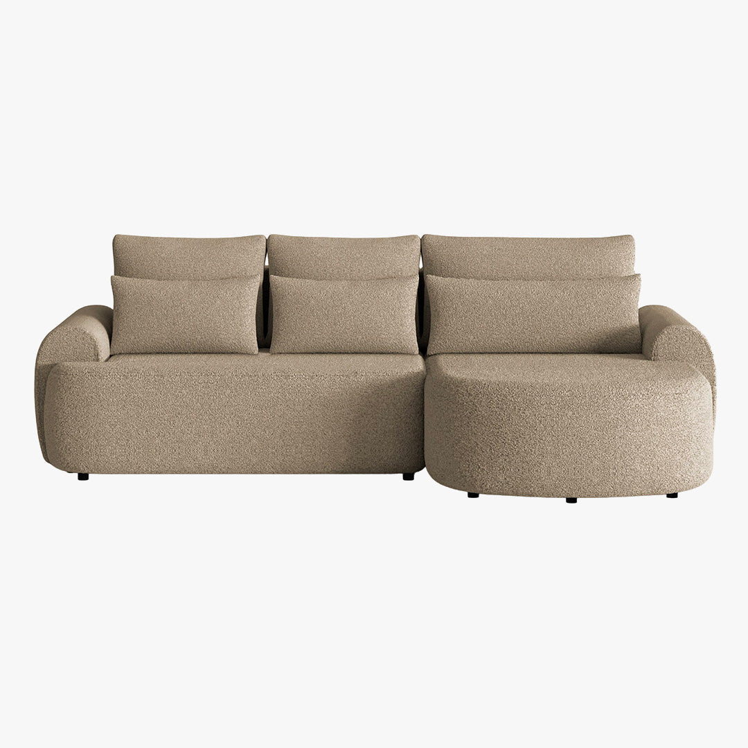 TAYLA Canapé d'angle convertible avec coffre en tissu bouclette taupe - Angle droit - Canapé d'angle convertible