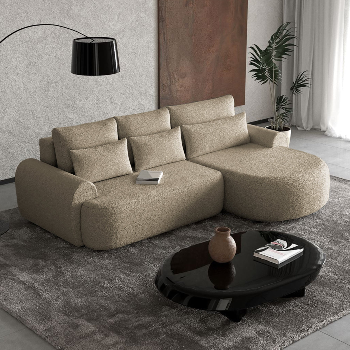 TAYLA Canapé d'angle convertible avec coffre en tissu bouclette taupe - Angle droit - Canapé d'angle convertible