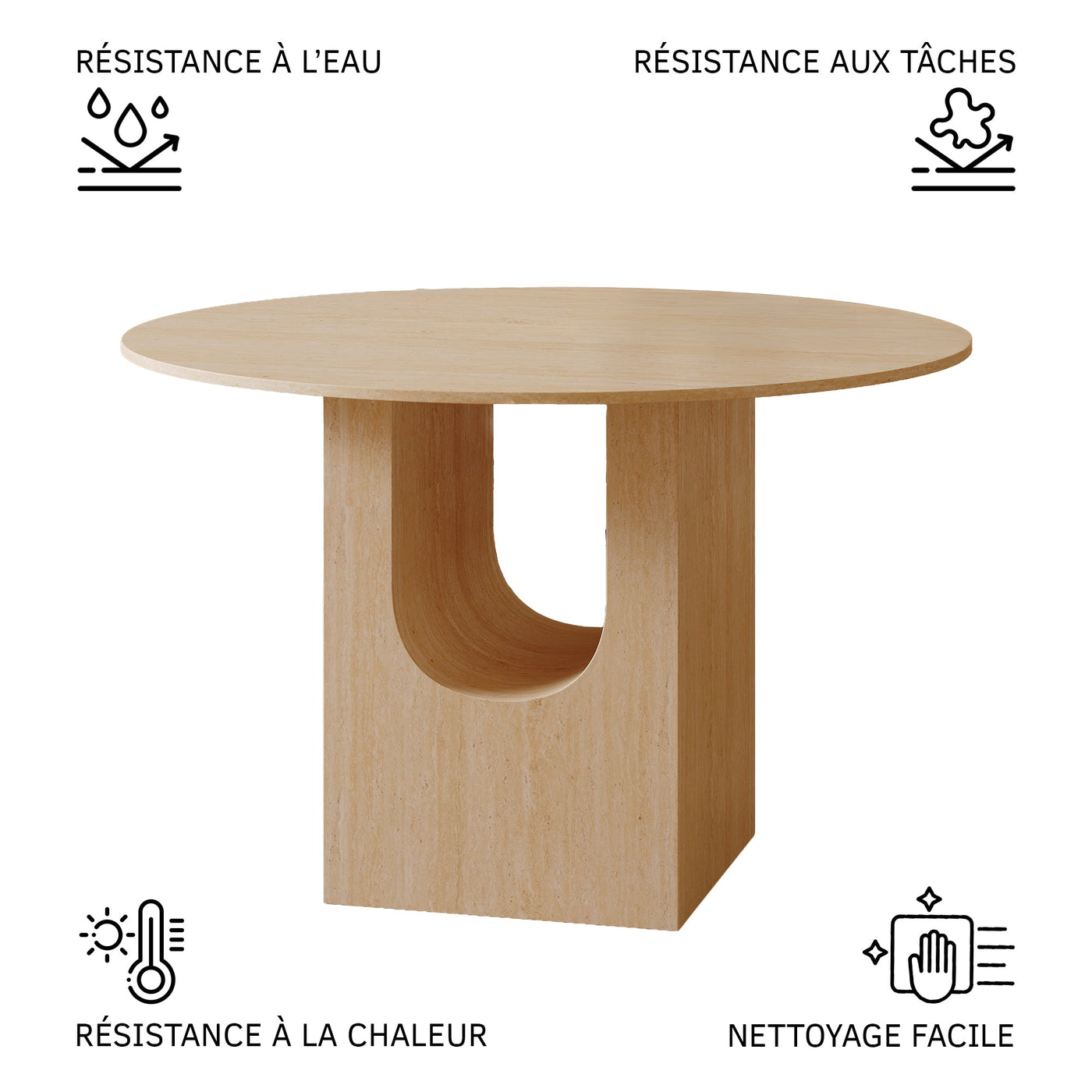 TAYZA Table à manger ronde en marbre d'ingénierie couleur travertin - Table à manger - Mobilier Deco