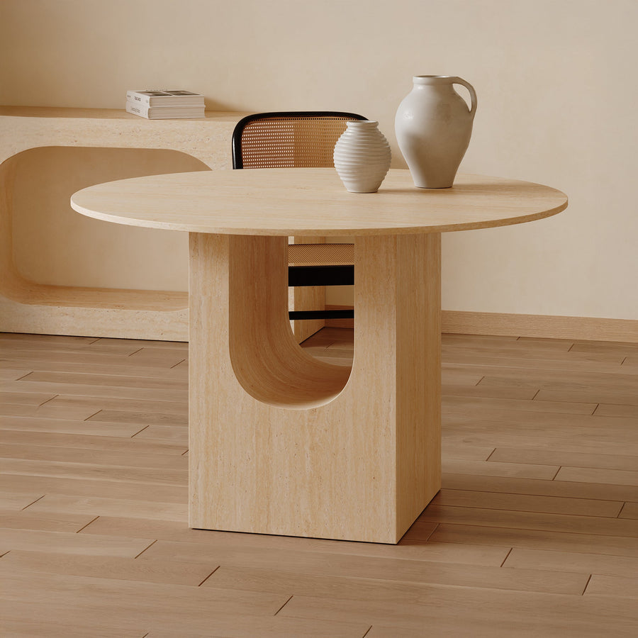 TAYZA Table à manger ronde en marbre d'ingénierie couleur travertin — aperçu vidéo