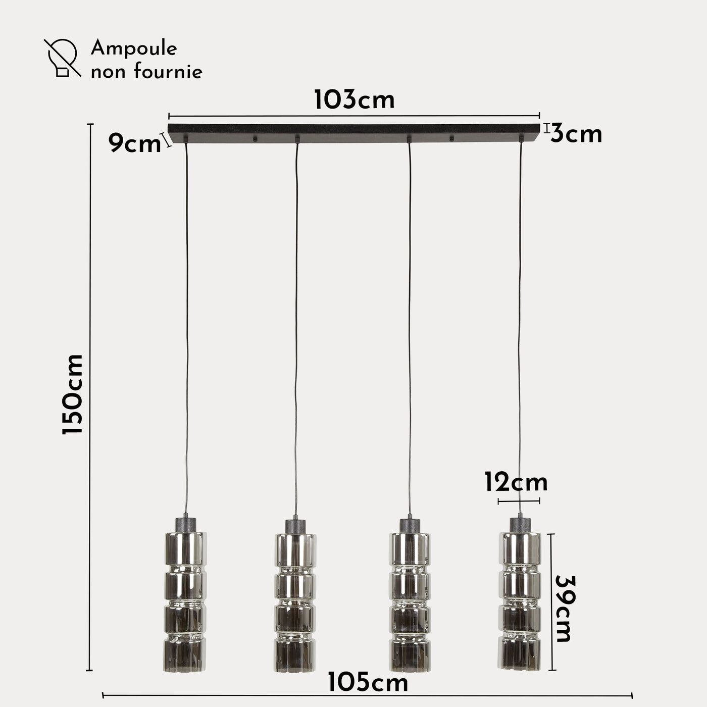THEA Suspension en tube 4 lampes en métal noir 105x150 cm - Luminaires - Mobilier Deco
