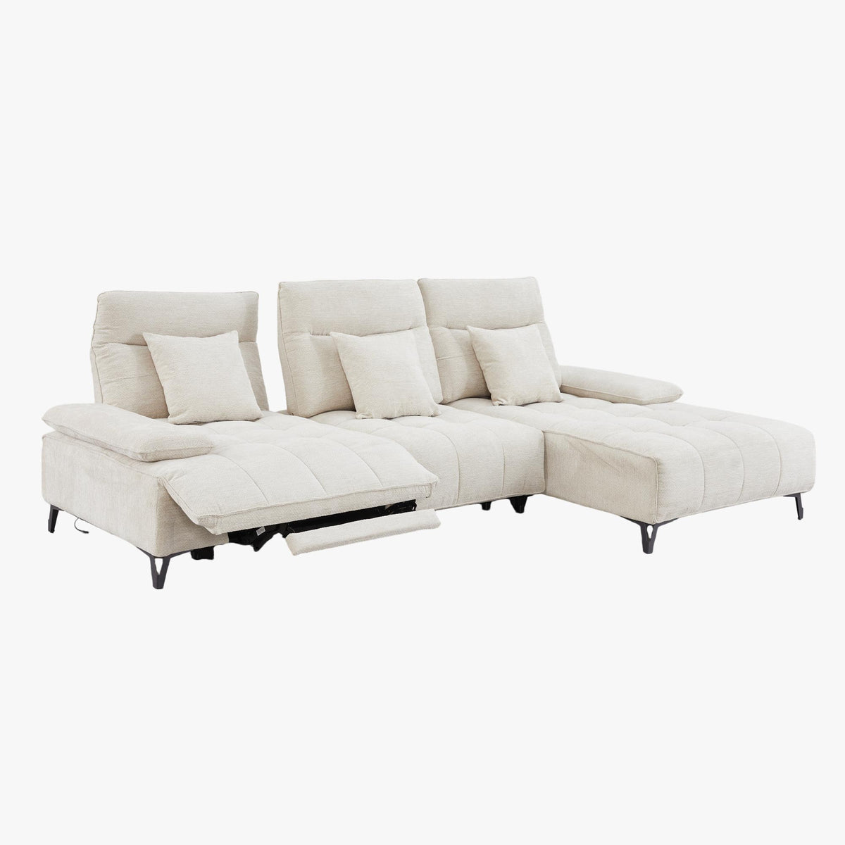 TIAM Canapé d'angle relax électrique en tissu matelassé beige - Angle droit - Canapé relax - Mobilier Deco
