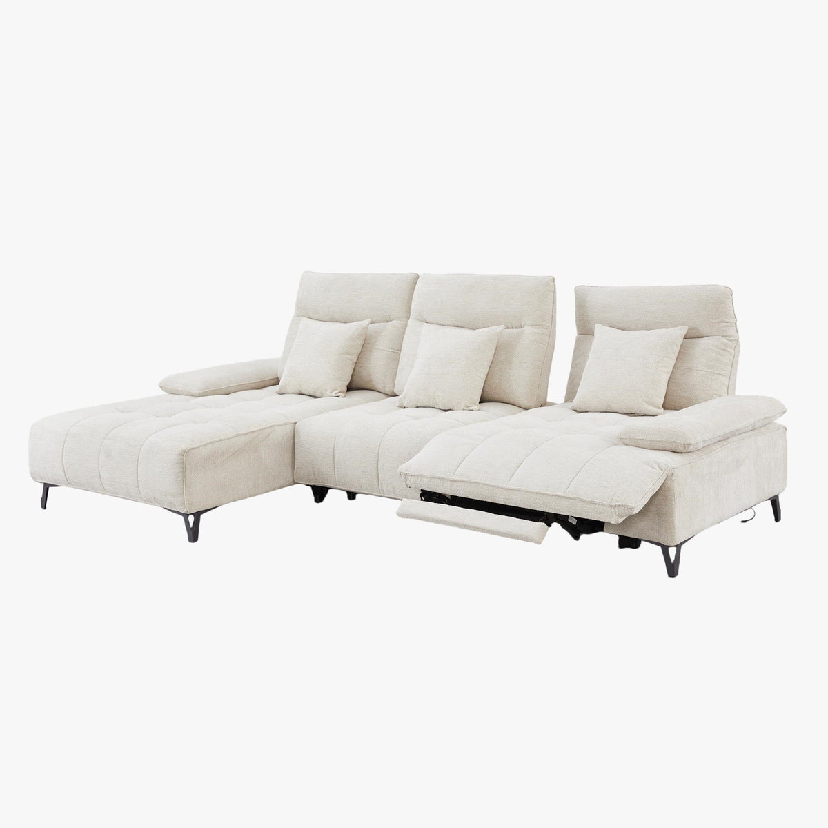 TIAM Canapé d'angle relax électrique en tissu matelassé beige - Angle gauche - Canapé relax - Mobilier Deco