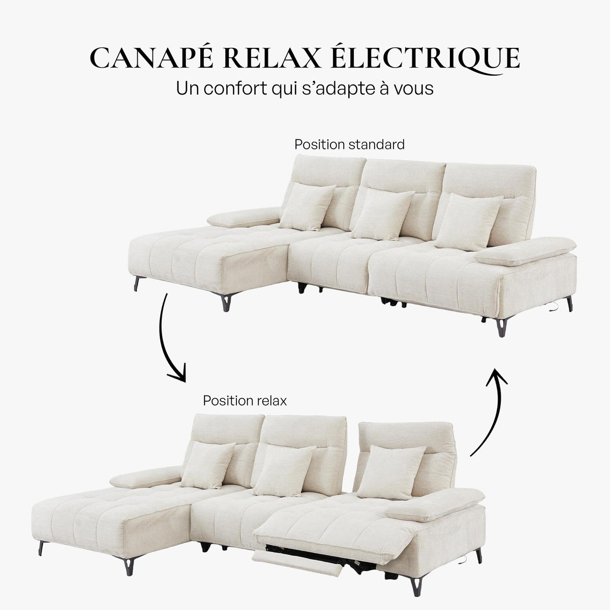 TIAM Canapé d'angle relax électrique en tissu matelassé beige - Angle gauche - Canapé relax - Mobilier Deco