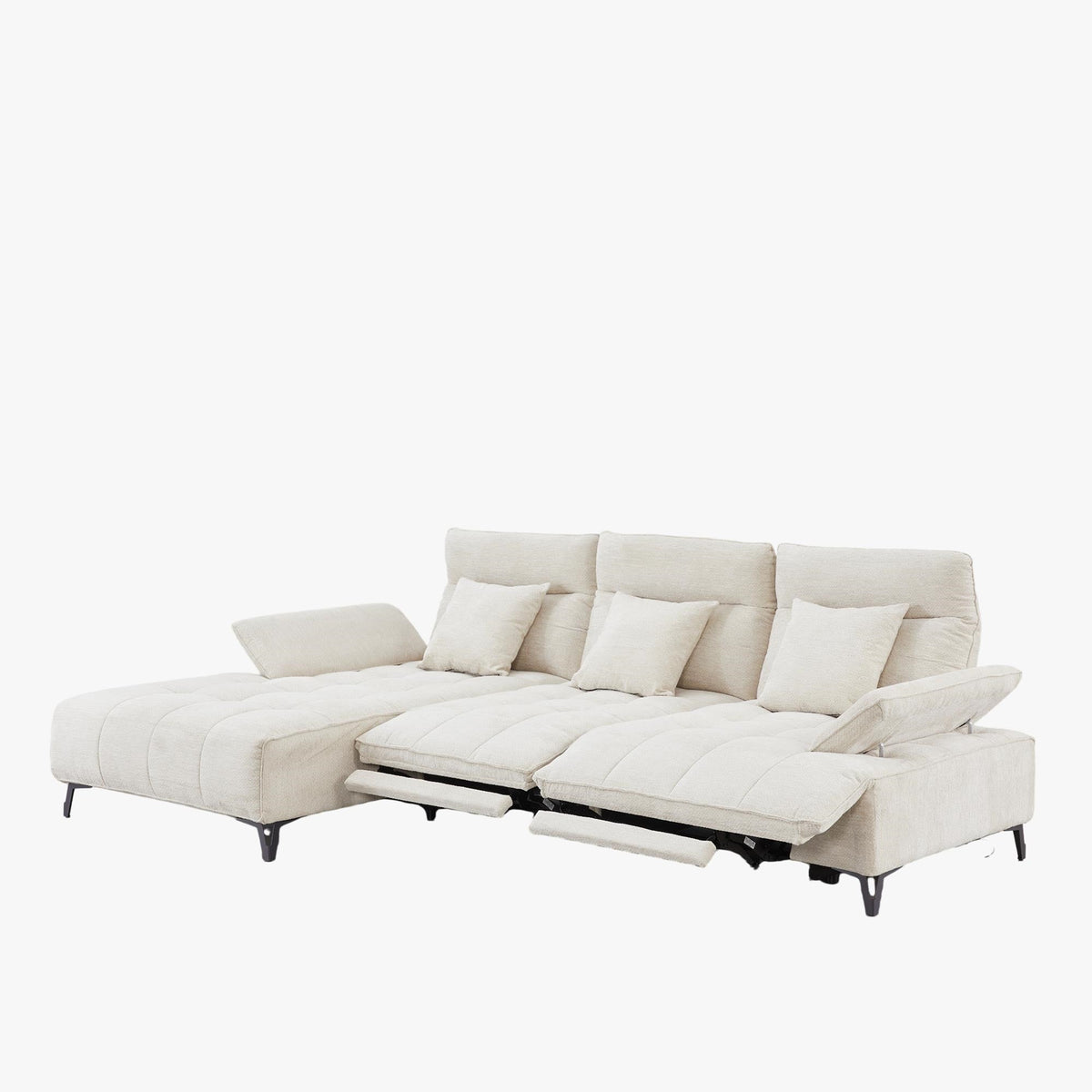 TIAM Canapé d'angle relax électrique en tissu matelassé beige - Angle gauche - Canapé relax - Mobilier Deco