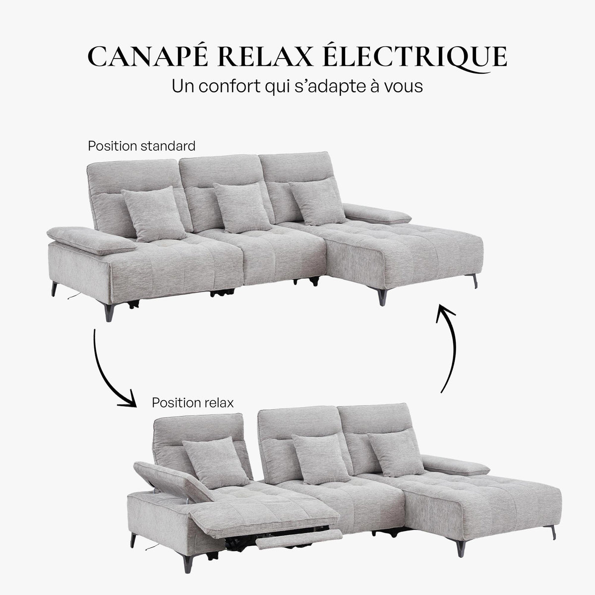 TIAM Canapé d'angle relax électrique en tissu matelassé gris - Angle droit - Canapé relax - Mobilier Deco