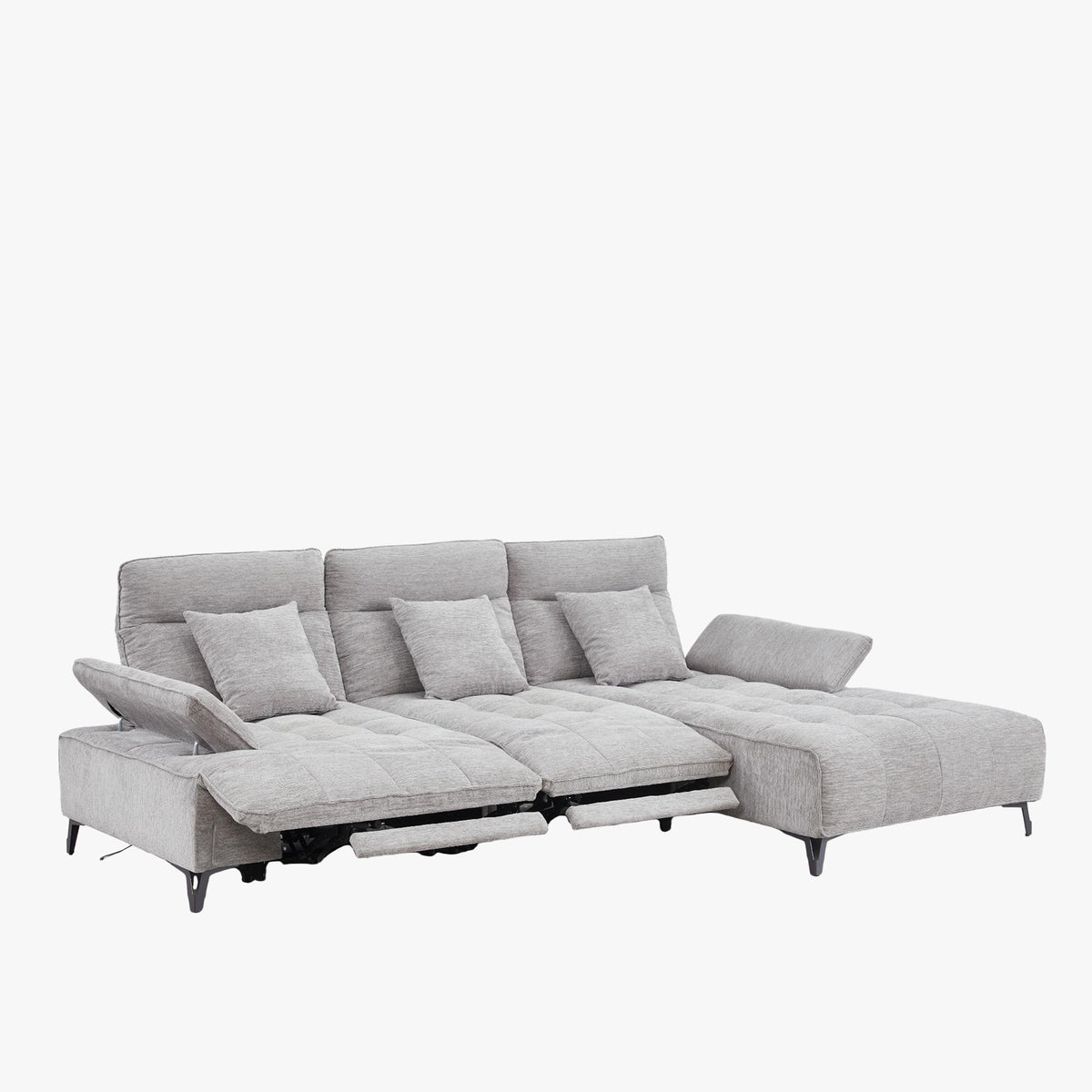TIAM Canapé d'angle relax électrique en tissu matelassé gris - Angle droit - Canapé relax - Mobilier Deco