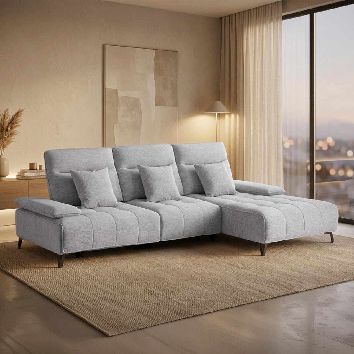 TIAM Canapé d'angle relax électrique en tissu matelassé gris - Angle droit - Canapé relax - Mobilier Deco