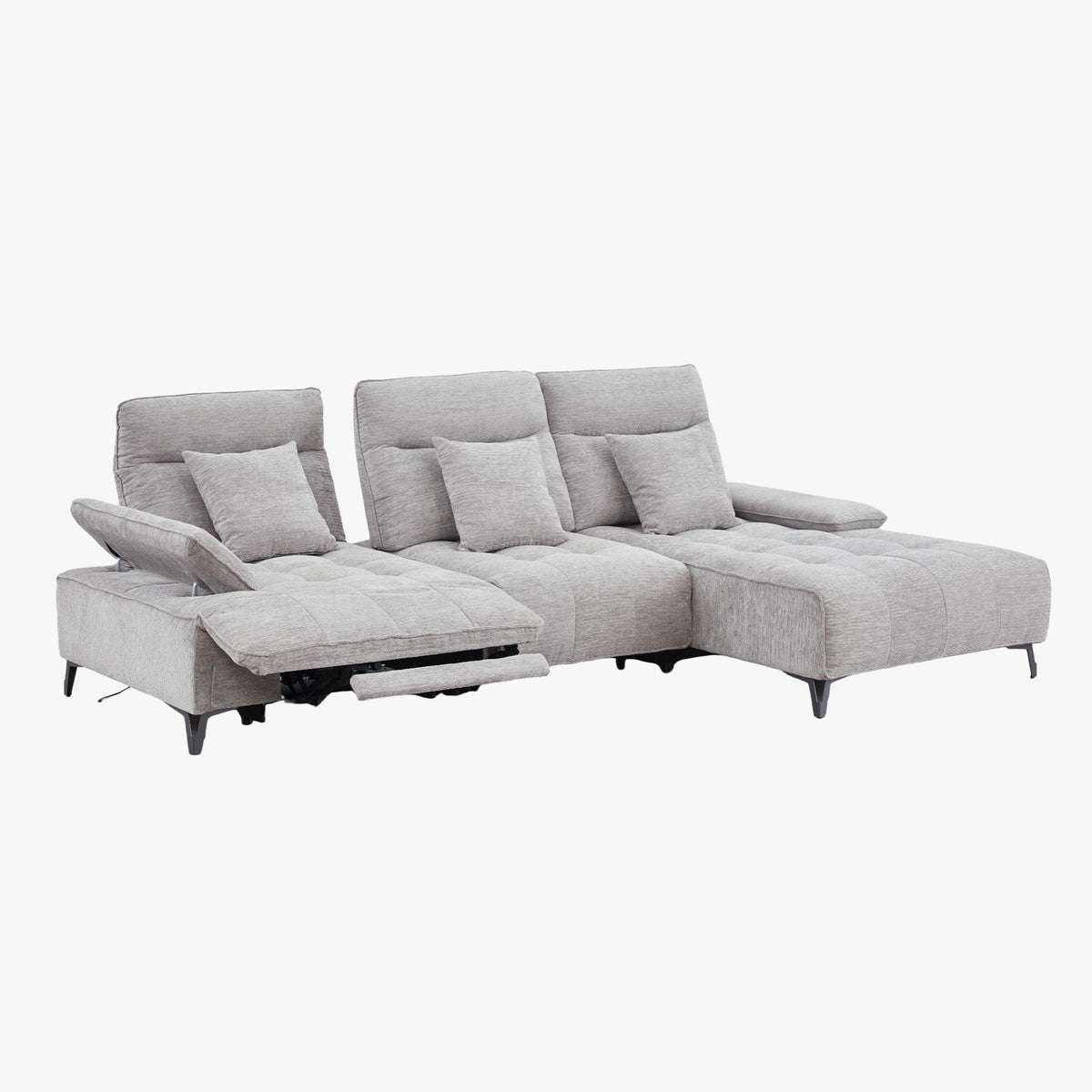 TIAM Canapé d'angle relax électrique en tissu matelassé gris - Angle droit - Canapé relax - Mobilier Deco