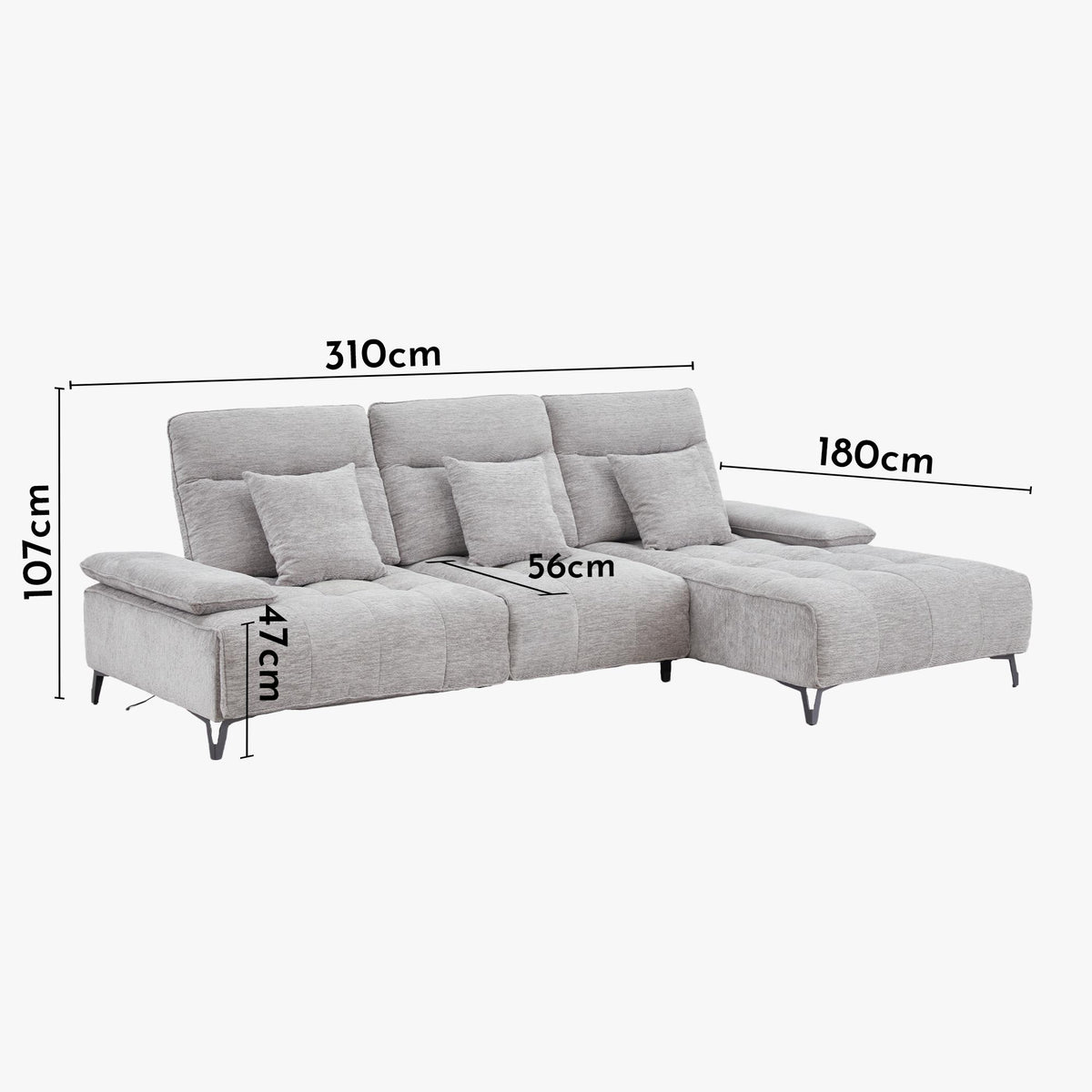 TIAM Canapé d'angle relax électrique en tissu matelassé gris - Angle droit - Canapé relax - Mobilier Deco