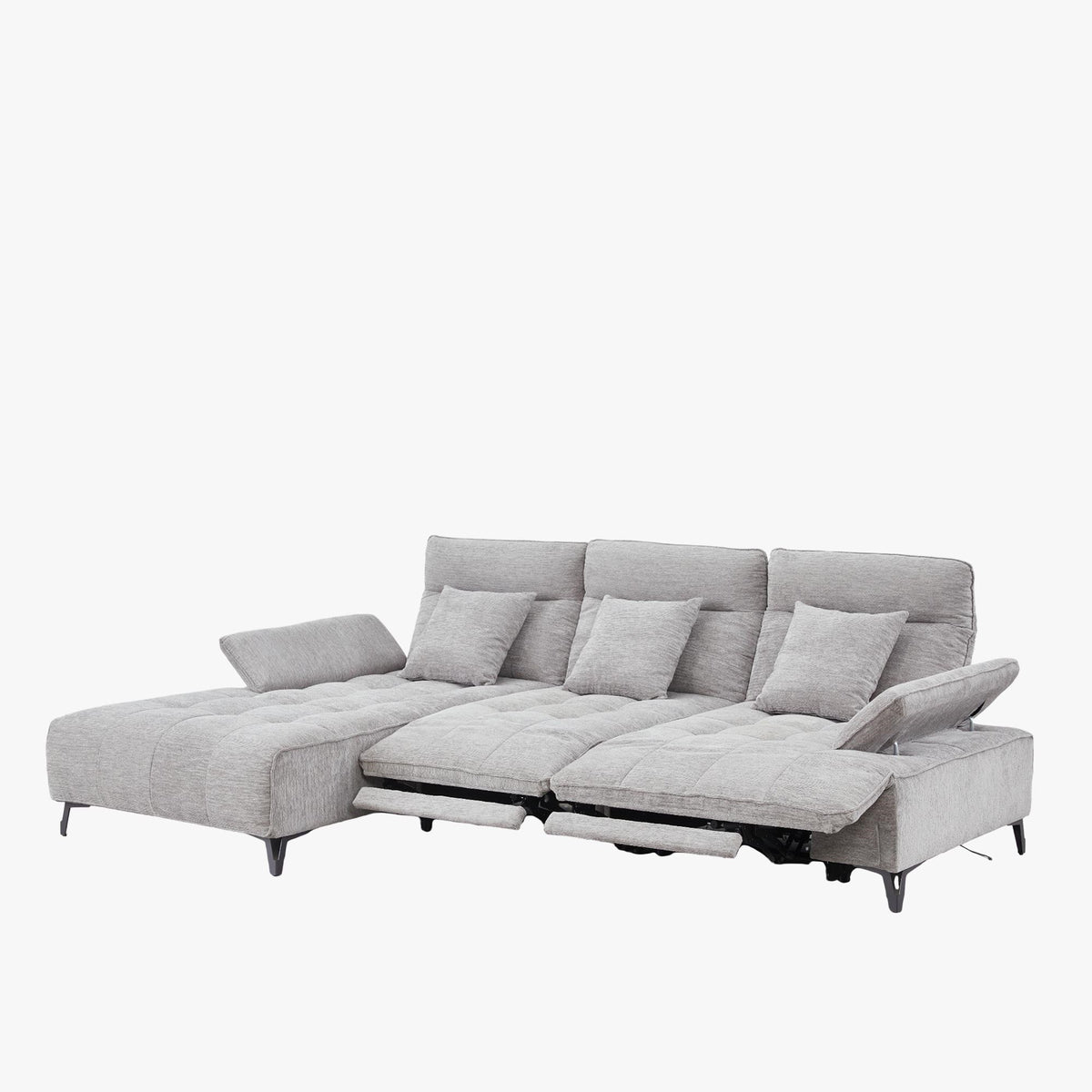 TIAM Canapé d'angle relax électrique en tissu matelassé gris - Angle gauche - Canapé relax - Mobilier Deco