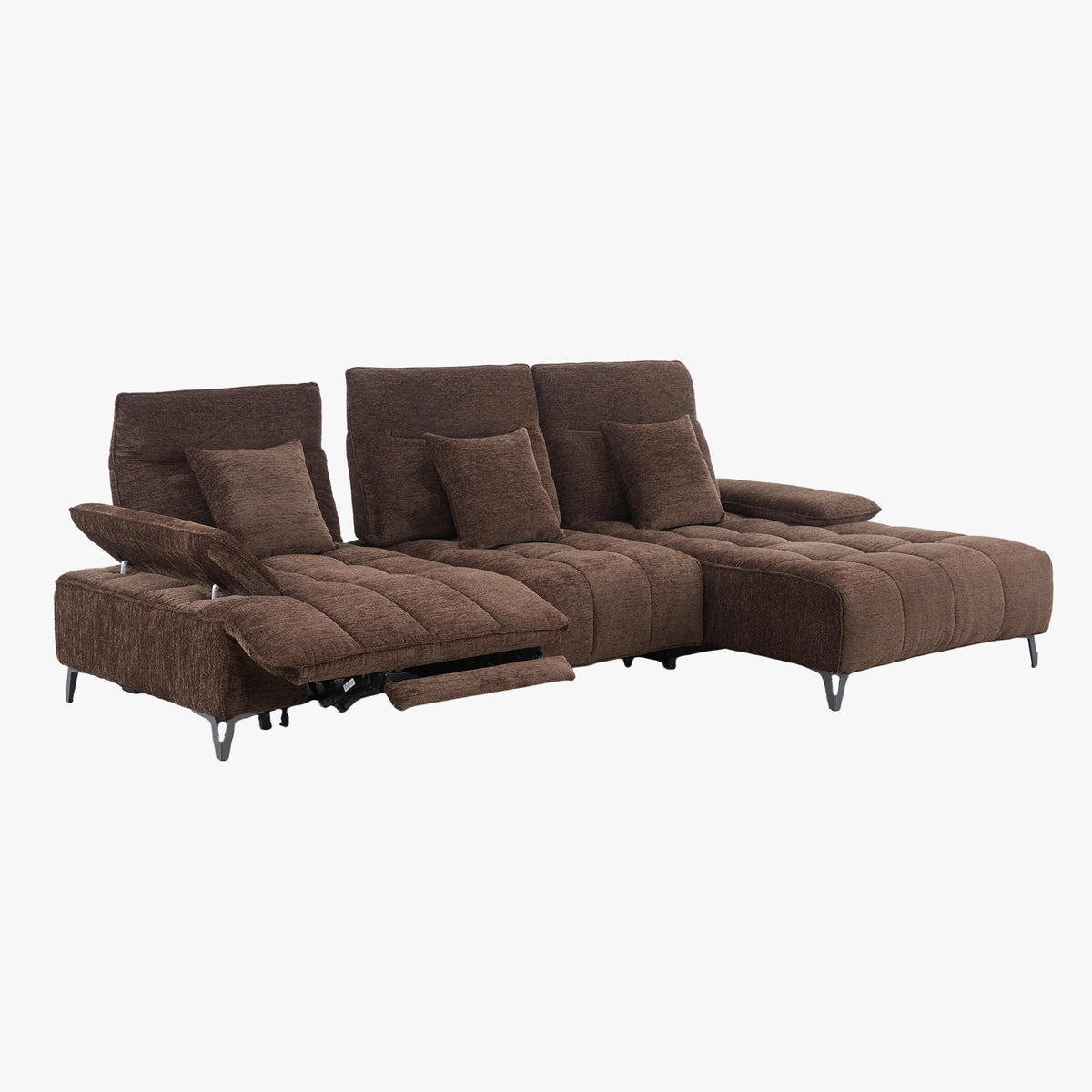TIAM Canapé d'angle relax électrique en tissu matelassé marron - Angle droit - Canapé relax - Mobilier Deco