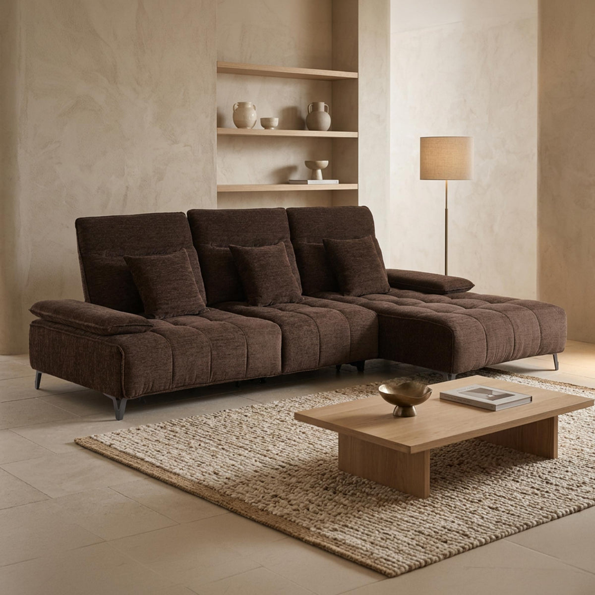 TIAM Canapé d'angle relax électrique en tissu matelassé marron - Angle droit - Canapé relax - Mobilier Deco