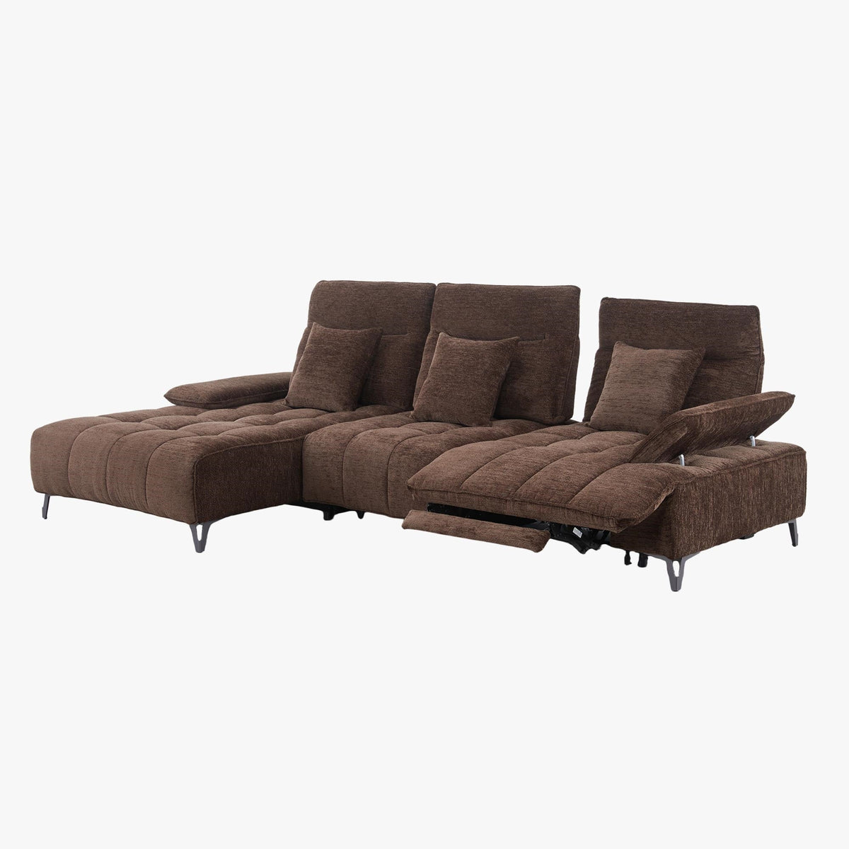 TIAM Canapé d'angle relax électrique en tissu matelassé marron - Angle gauche - Canapé relax - Mobilier Deco