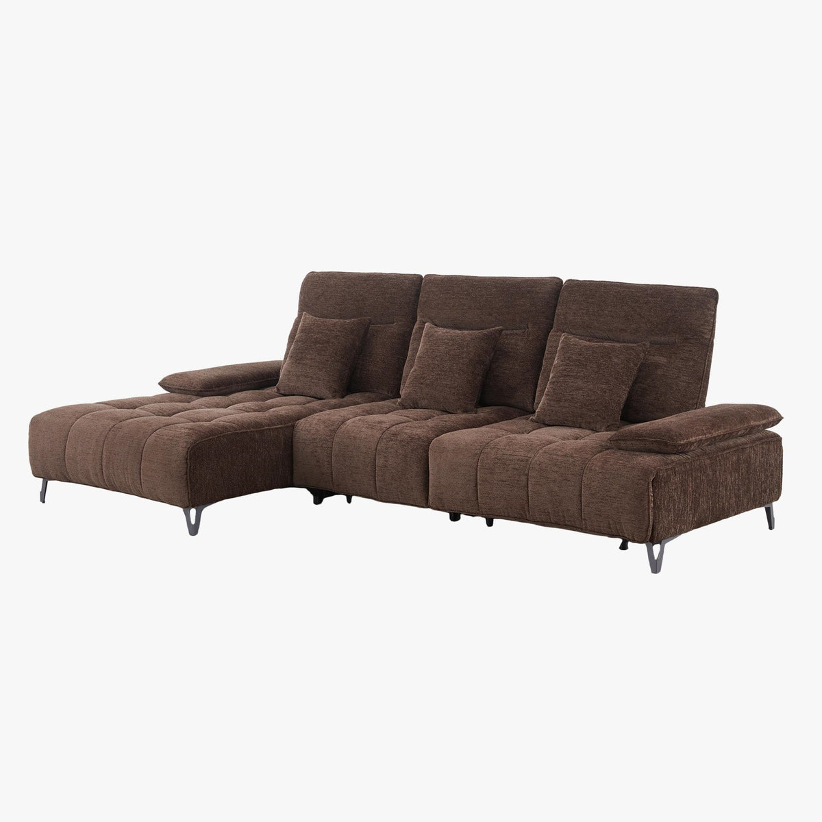 TIAM Canapé d'angle relax électrique en tissu matelassé marron - Angle gauche - Canapé relax - Mobilier Deco