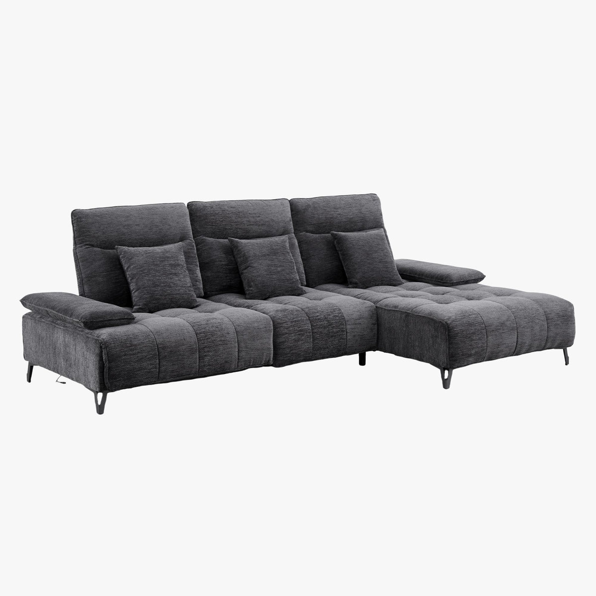 TIAM Canapé d'angle relax électrique en tissu matelassé noir - Angle droit - Canapé relax - Mobilier Deco
