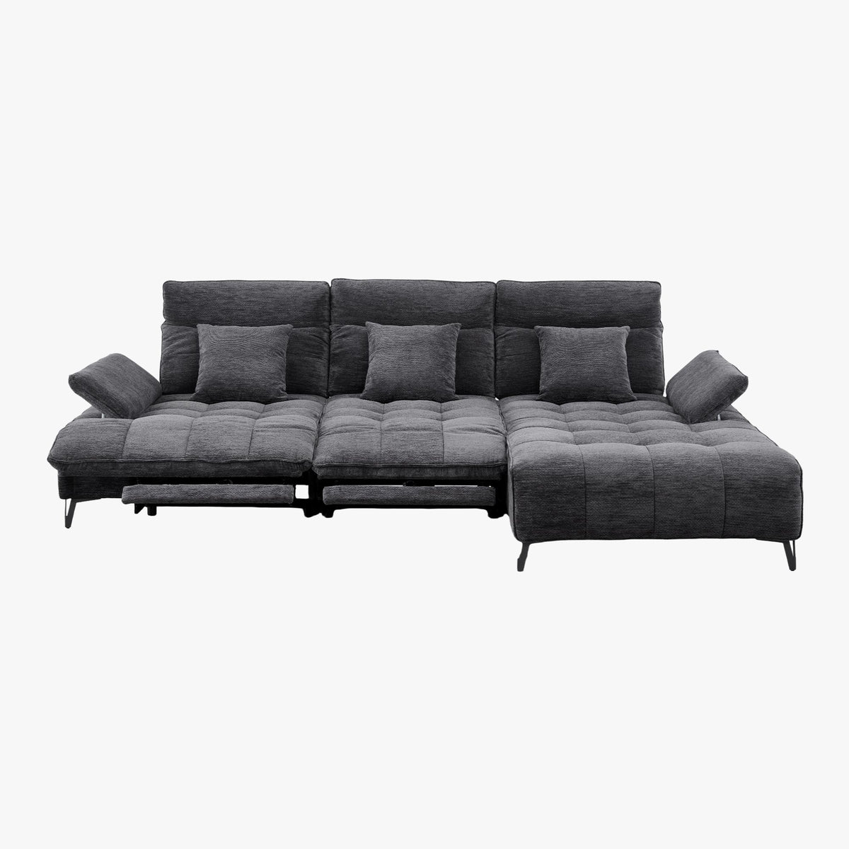 TIAM Canapé d'angle relax électrique en tissu matelassé noir - Angle droit - Canapé relax - Mobilier Deco