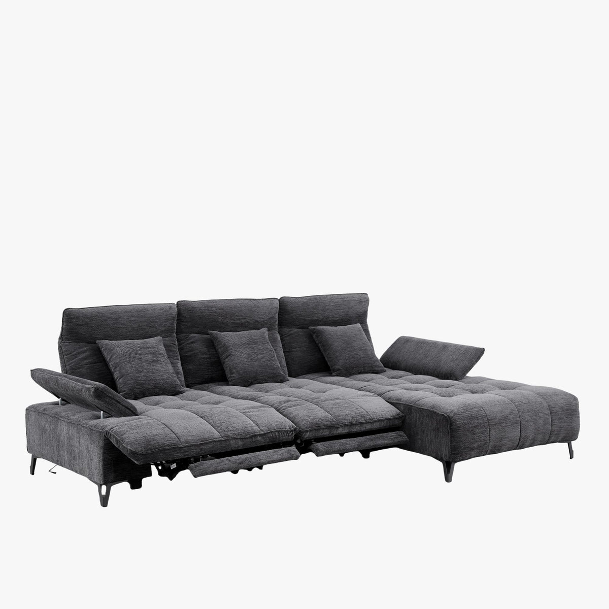 TIAM Canapé d'angle relax électrique en tissu matelassé noir - Angle droit - Canapé relax - Mobilier Deco