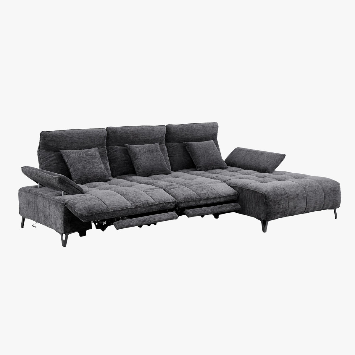 TIAM Canapé d'angle relax électrique en tissu matelassé noir - Angle droit - Canapé relax - Mobilier Deco
