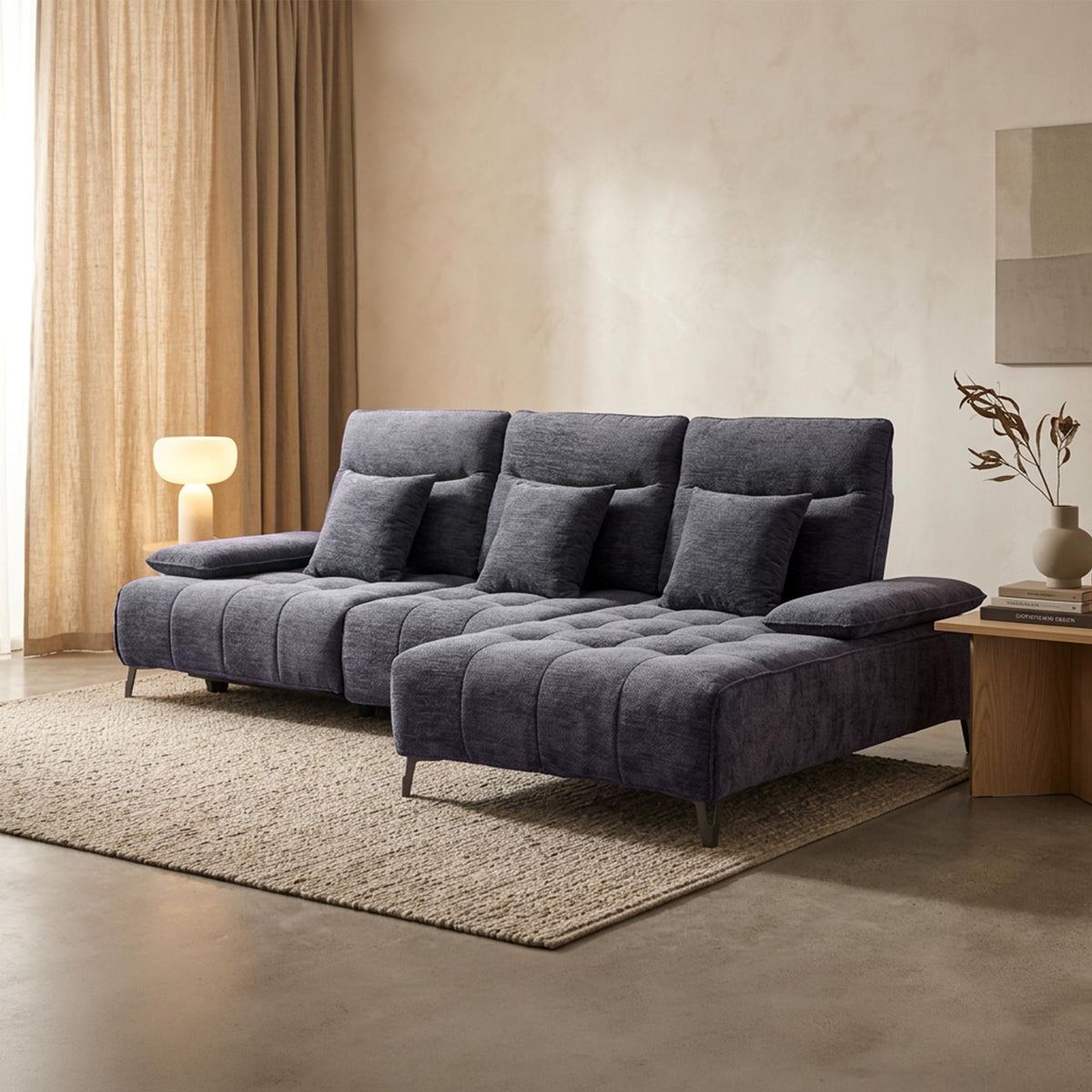 TIAM Canapé d'angle relax électrique en tissu matelassé noir - Angle droit - Canapé relax - Mobilier Deco