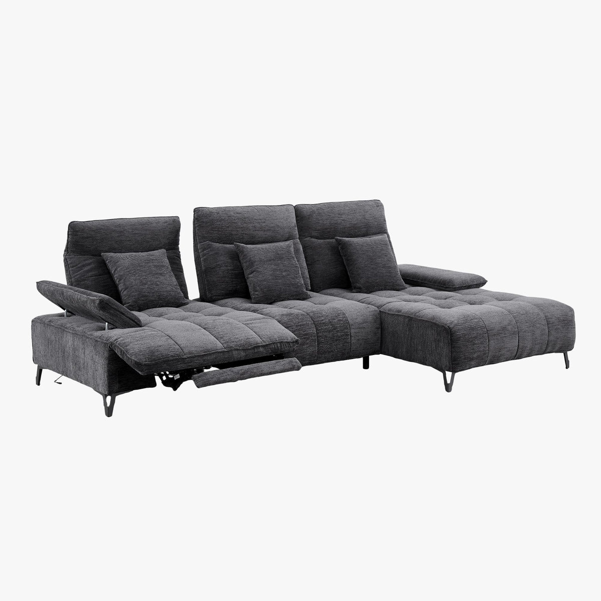 TIAM Canapé d'angle relax électrique en tissu matelassé noir - Angle droit - Canapé relax - Mobilier Deco