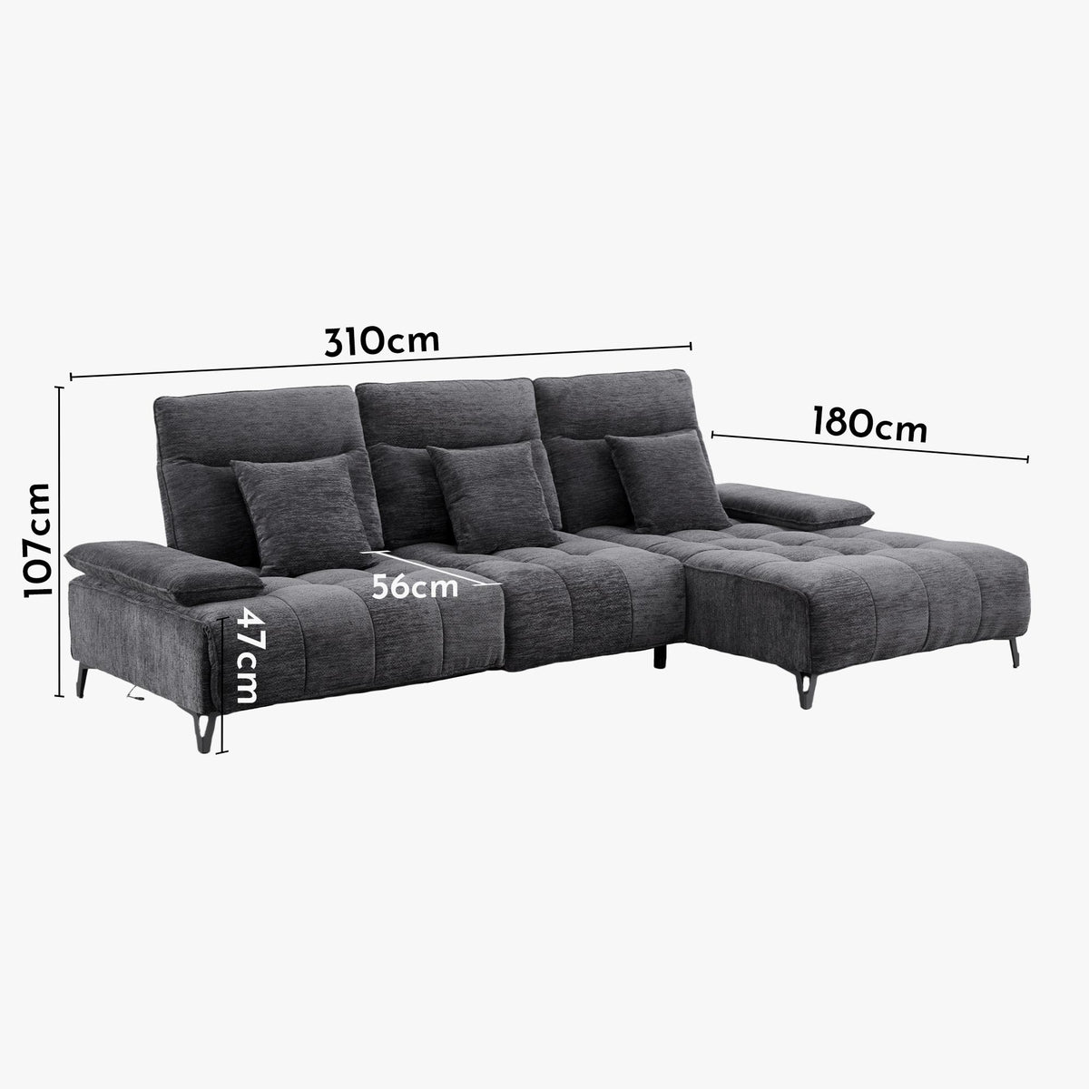 TIAM Canapé d'angle relax électrique en tissu matelassé noir - Angle droit - Canapé relax - Mobilier Deco