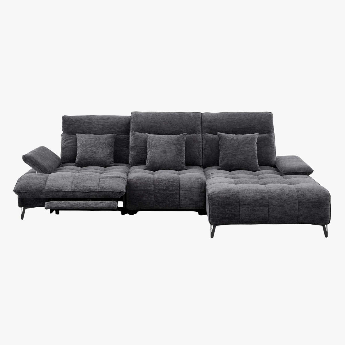 TIAM Canapé d'angle relax électrique en tissu matelassé noir - Angle droit - Canapé relax - Mobilier Deco