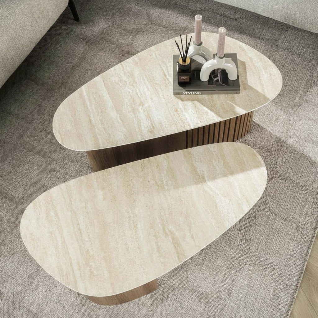 TIANA Lot de 2 tables basses en céramique beige pieds couleur chêne - Table basse - Mobilier Deco