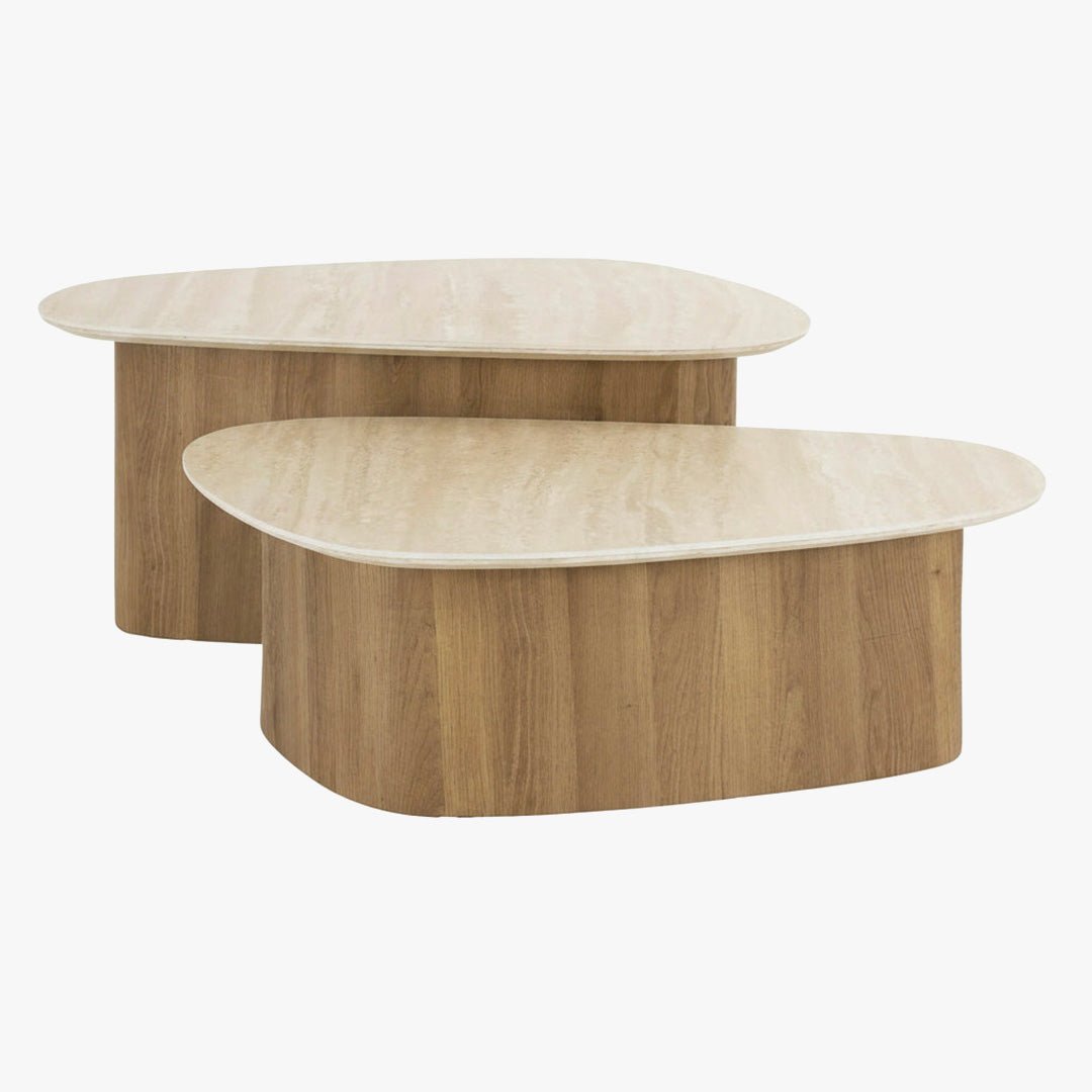 TIANA Lot de 2 tables basses en céramique beige pieds couleur chêne - Table basse - Mobilier Deco
