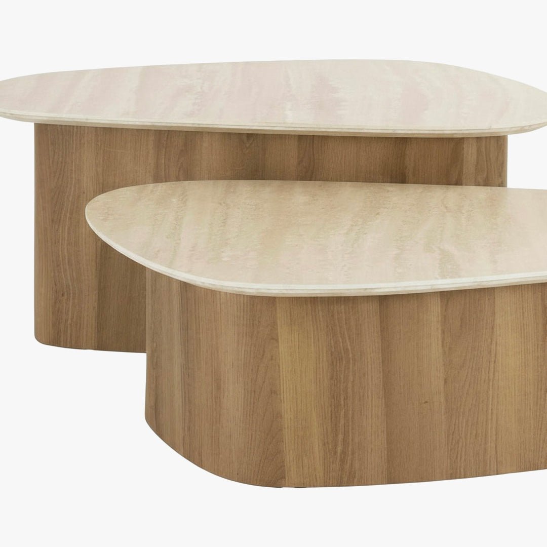 TIANA Lot de 2 tables basses en céramique beige pieds couleur chêne - Table basse - Mobilier Deco