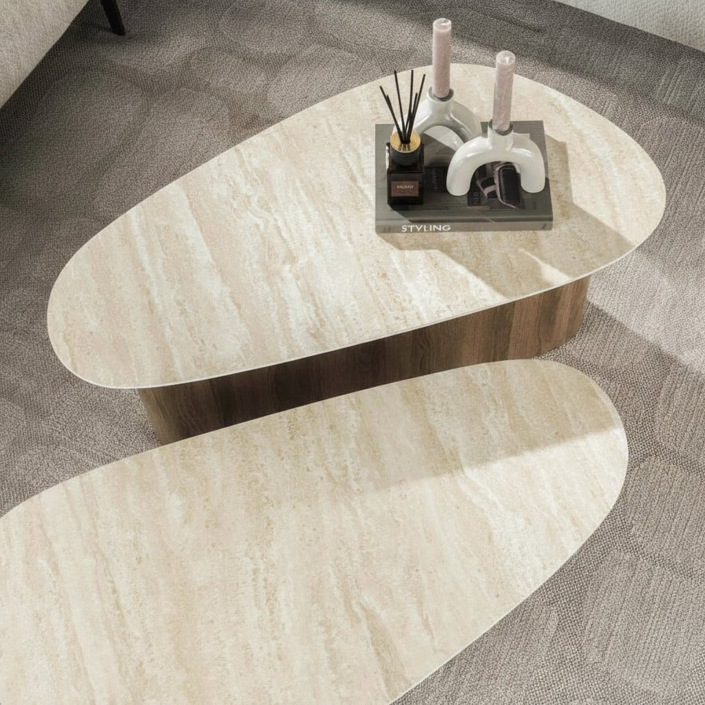 TIANA Lot de 2 tables basses en céramique beige pieds couleur chêne - Table basse - Mobilier Deco