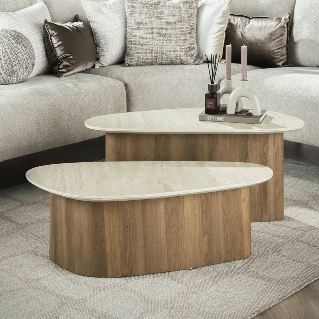 TIANA Lot de 2 tables basses en céramique beige pieds couleur chêne - Table basse - Mobilier Deco