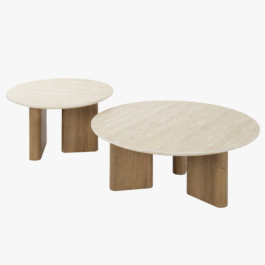 TIANA ROND Lot de 2 tables basses rondes en céramique beige pieds couleur chêne — aperçu vidéo