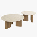 TIANA ROND Lot de 2 tables basses rondes en céramique beige pieds couleur chêne