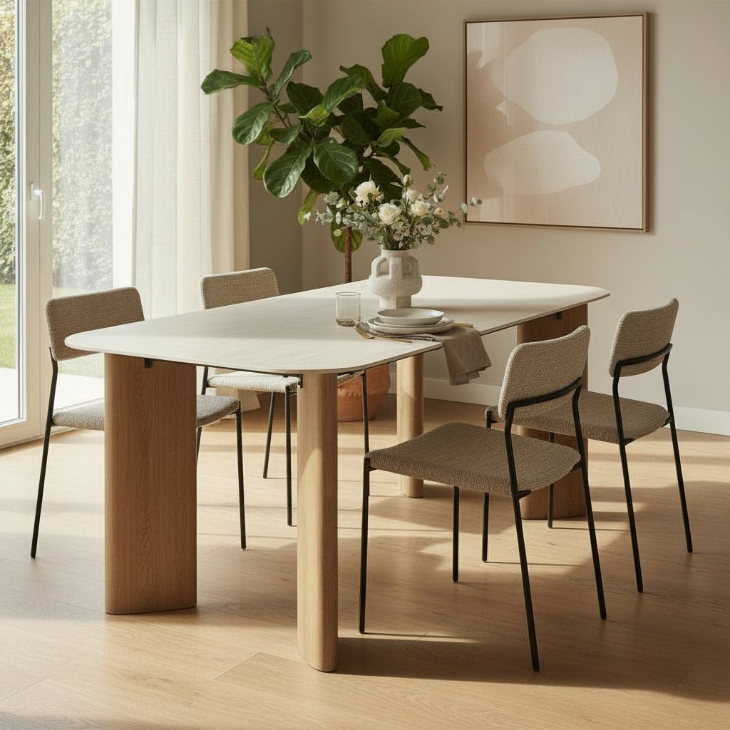 TIANA XL Table à manger rectangulaire en céramique beige pieds couleur chêne 180 cm - Table à manger - Mobilier Deco