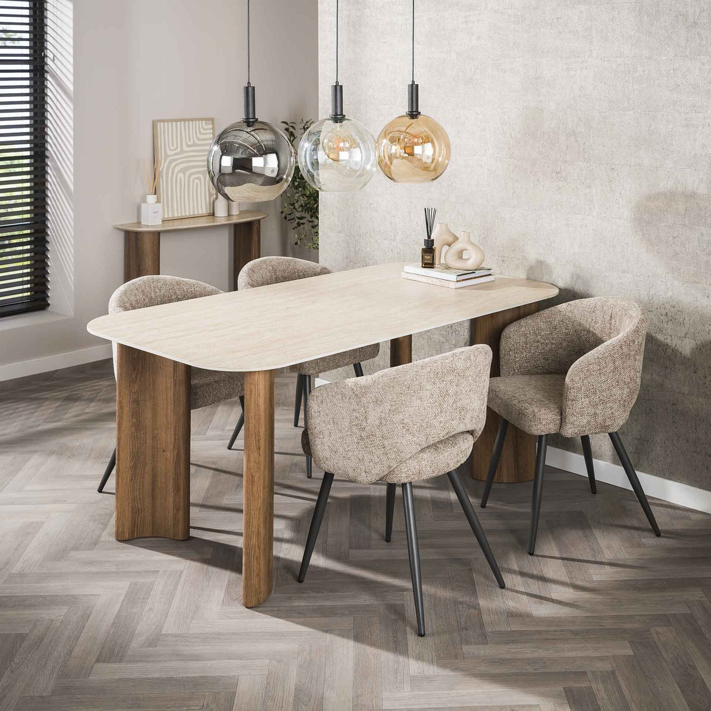 TIANA XL Table à manger rectangulaire en céramique beige pieds couleur chêne 180 cm - Table à manger - Mobilier Deco