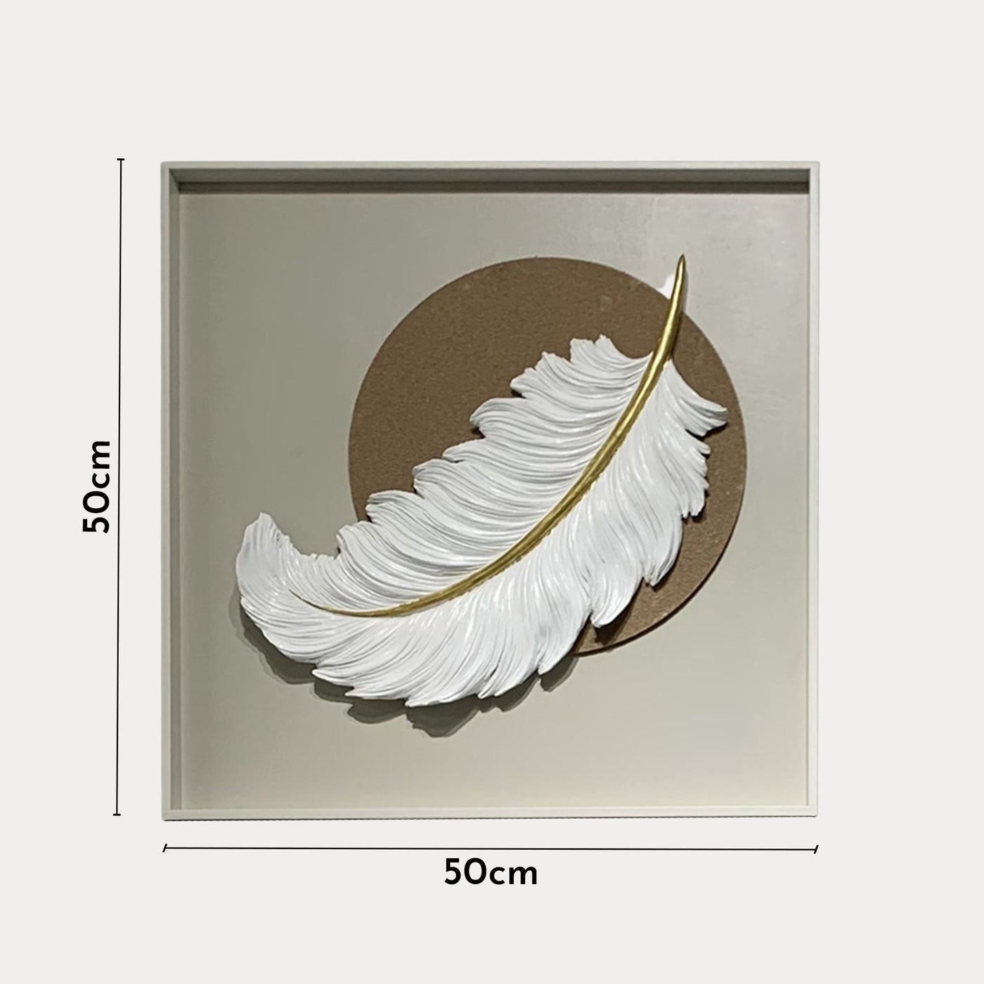 TIYA Tableau peinture à l'huile beige plume en relief cadre en aluminium - 50x50 cm - Tableaux - Mobilier Deco