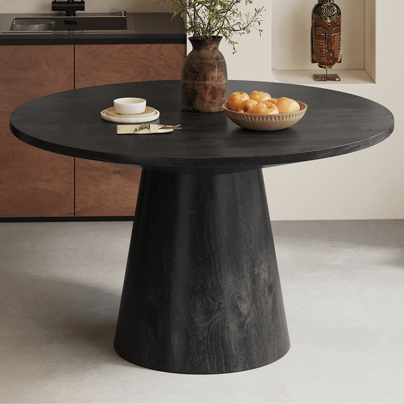 TOMMY - 130 Table à manger ronde en bois de manguier noir D130 cm - Table à manger - Mobilier Deco