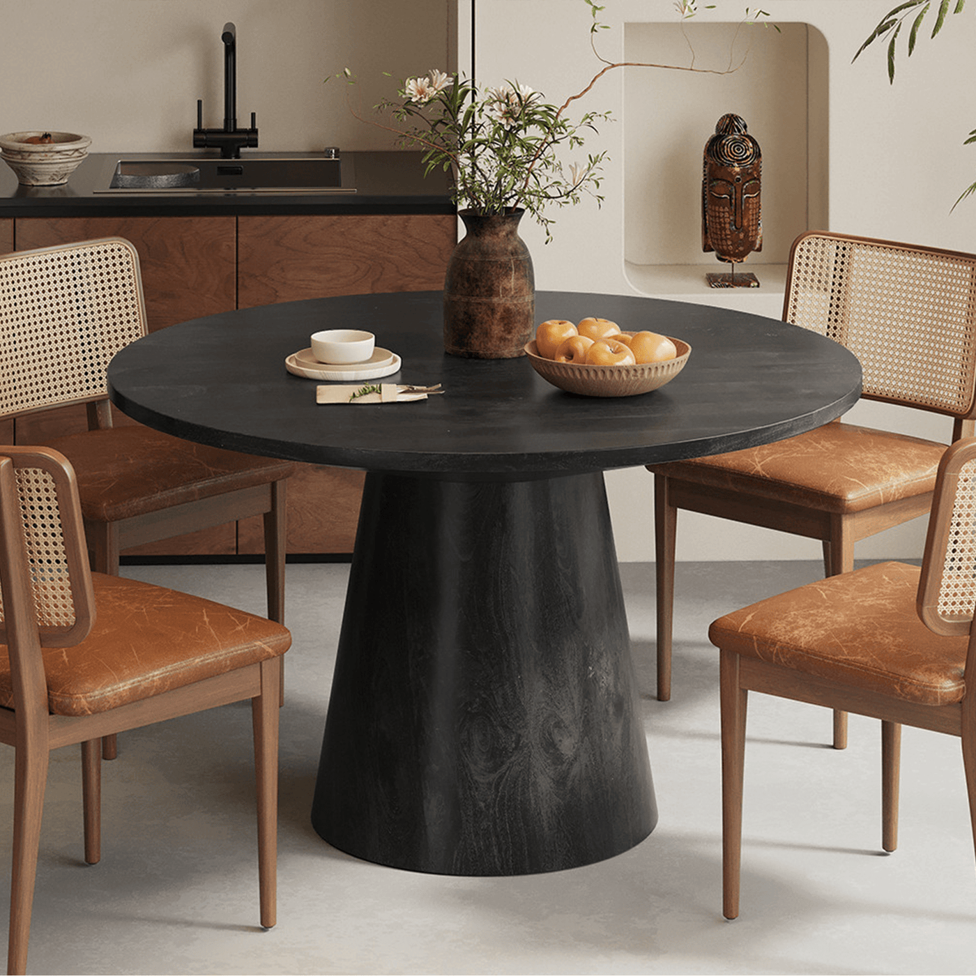 TOMMY - 130 Table à manger ronde en bois de manguier noir D130 cm - Table à manger - Mobilier Deco